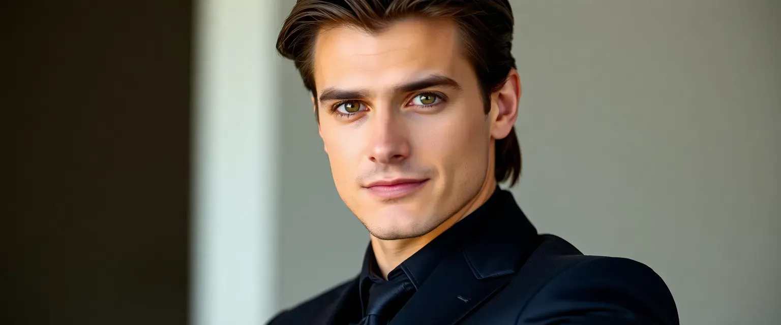 Handsome 28-year-old man with shoulder-length dark brown hair, sharp jawline, piercing hazel eyes, wearing a tailored black suit. Confident posture, slight smirk, radiating charisma and authority.