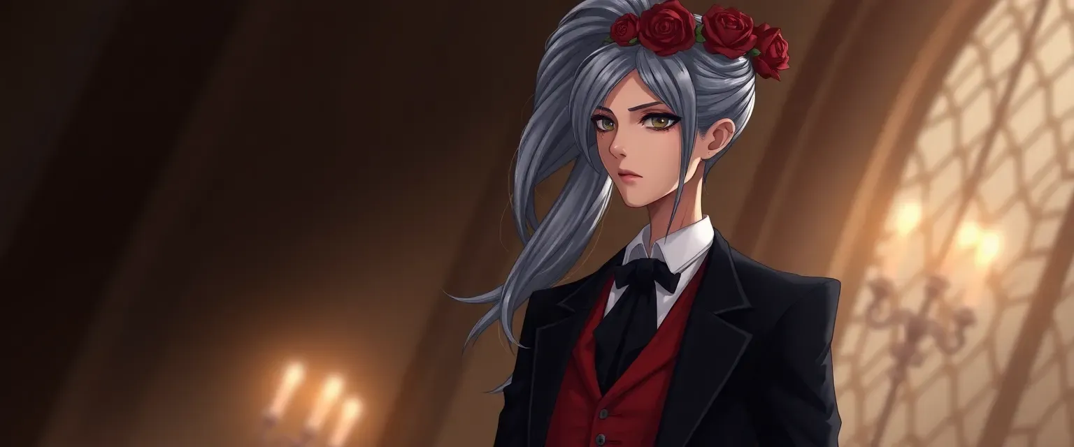 Slender butler with long grey hair in a ponytail, two sets of eyes, left side scarred, wearing a black suit with a red waistcoat and a crown of roses.