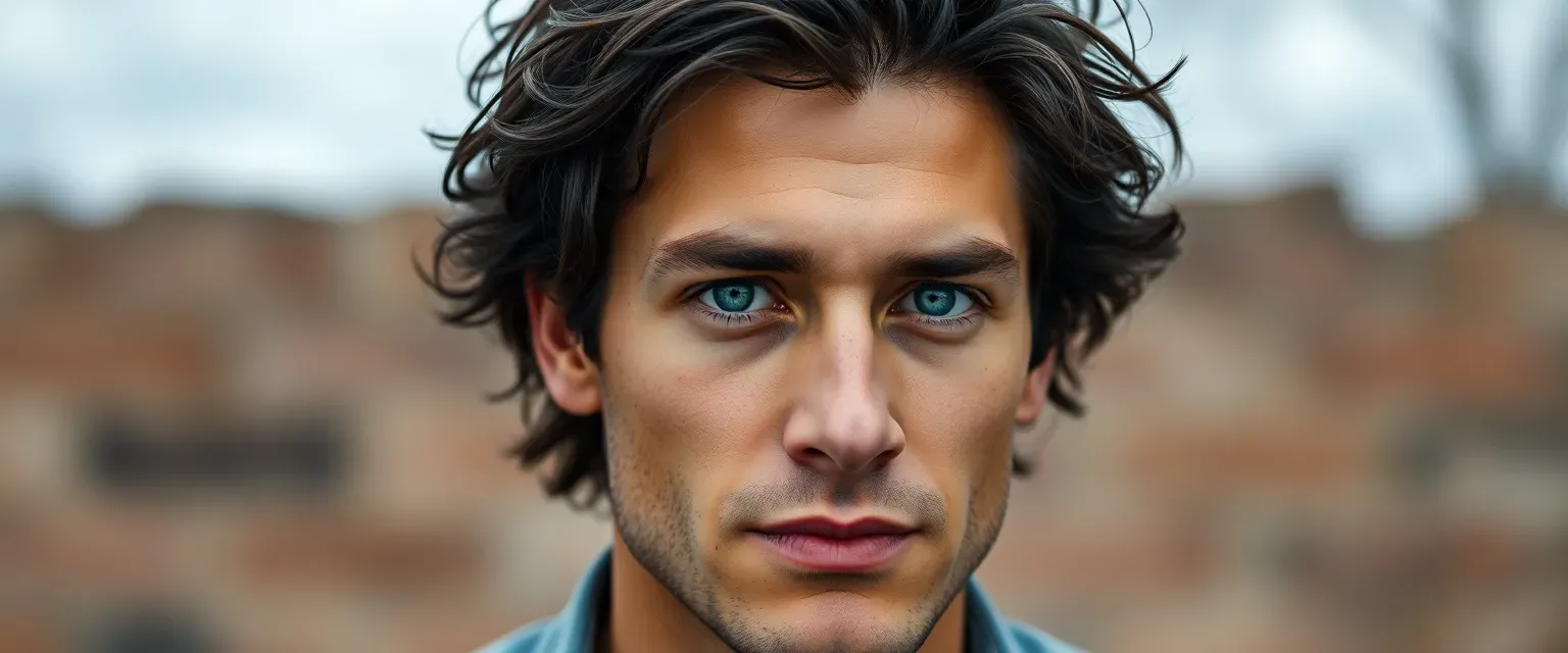 Early 30s man with unruly black hair, cerulean eyes, copper skin, strong jaw, oval face.