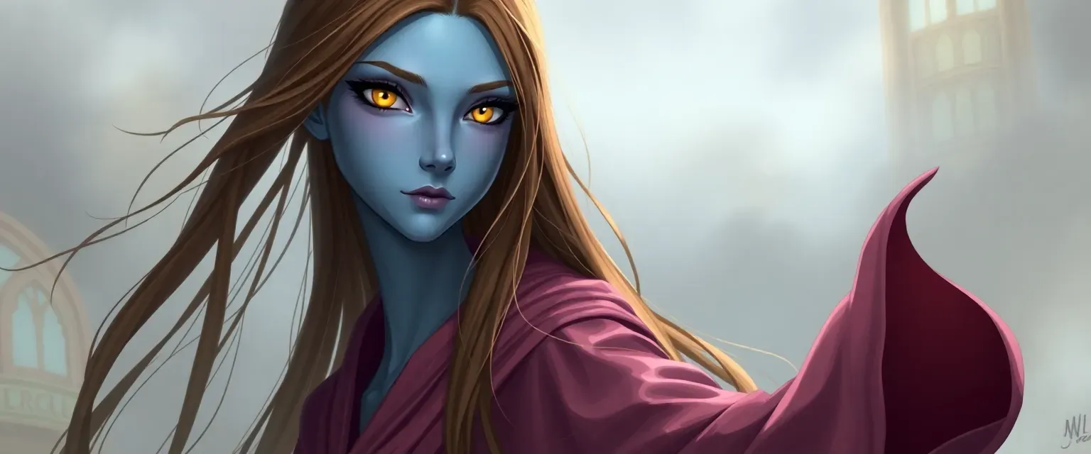 A tall, slender female with striking yellow eyes, long brown hair, and ethereal blue skin. She wears flowing robes and carries herself with otherworldly grace.