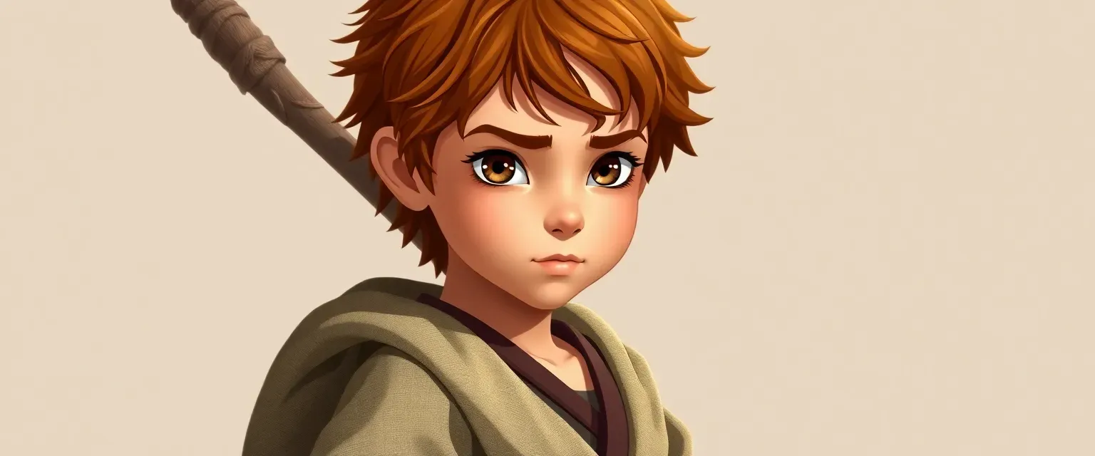 A young boy with chestnut hair and innocent eyes, wearing a loose tunic, carrying an oversized staff.