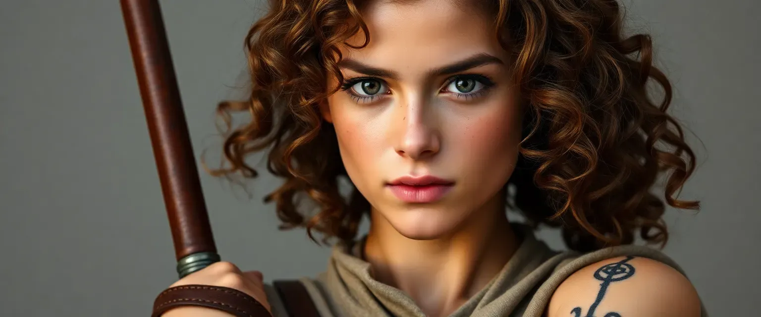 A young woman of 18 with honey brown curly hair, chocolate eyes, and faint freckles. Wears simple tunics and pants with a leather bracelet. Notable scars on right arm and face, with a Jedi symbol tattoo.