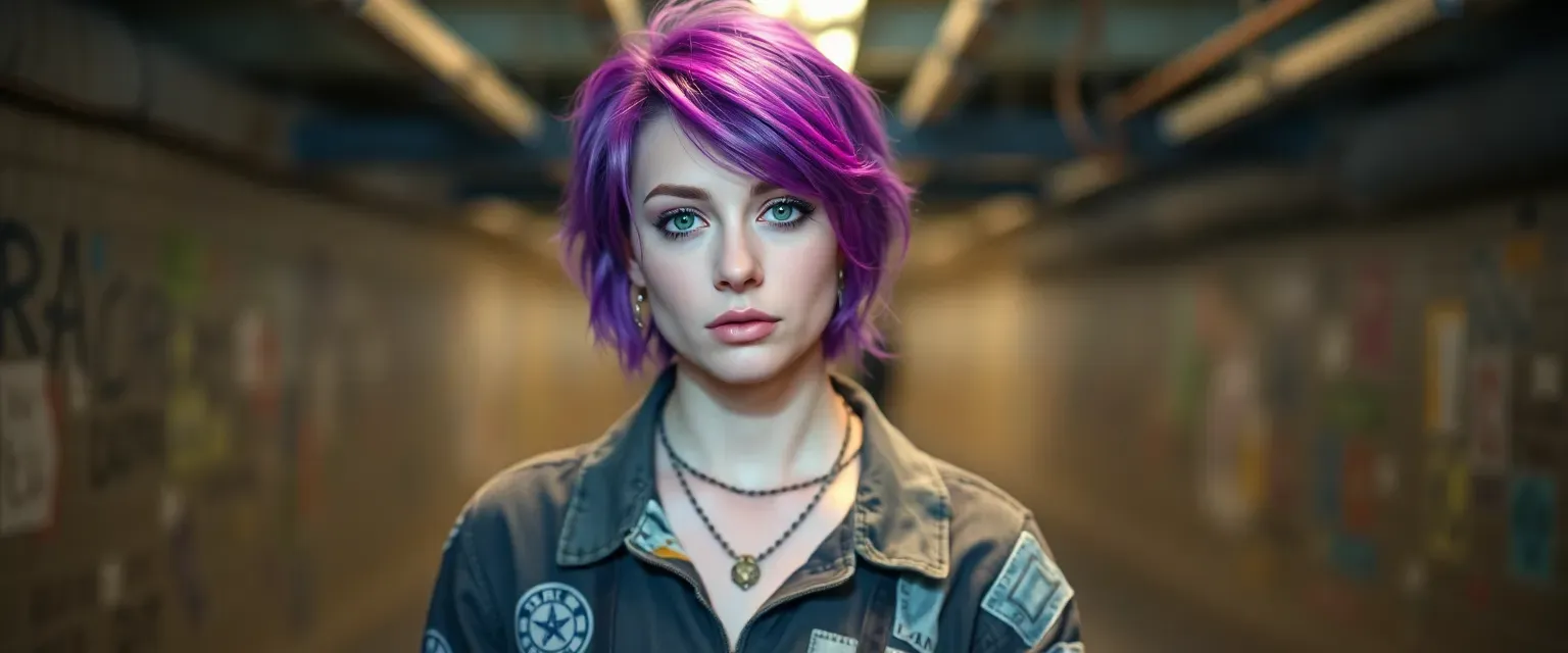 32-year-old nonbinary with vibrant purple hair, green eyes, wearing a patched jumpsuit, charm bracelet, in an underground setting.