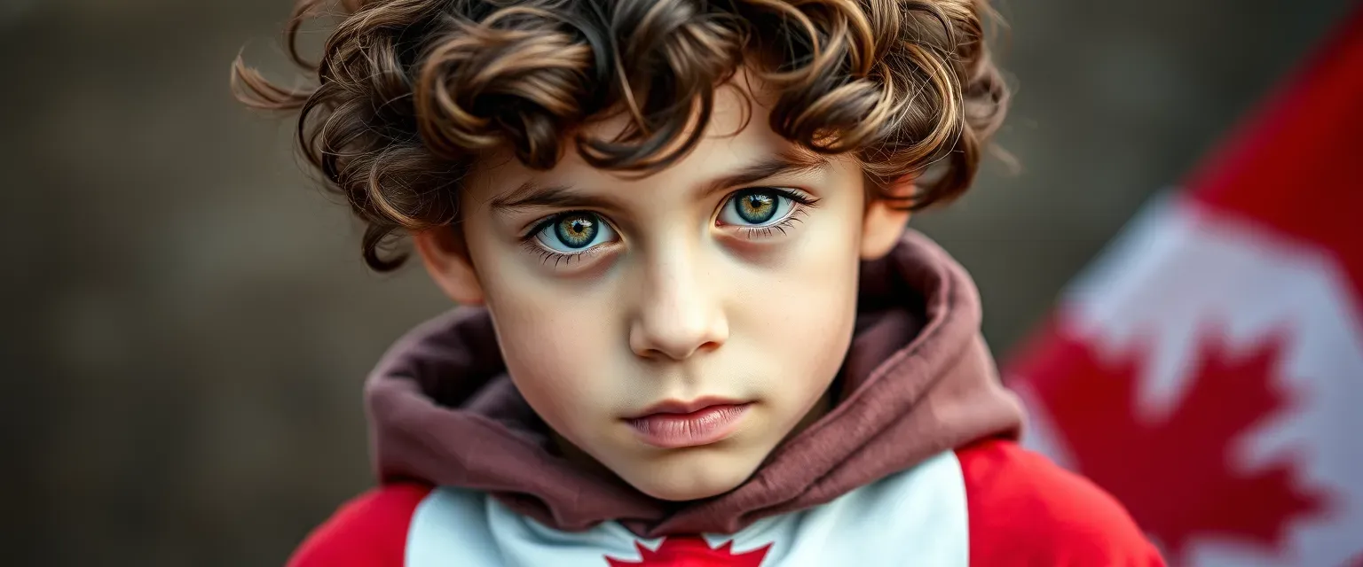 A young Canadian boy with curly brown hair and expressive green-brown eyes, wearing a hoodie with the Canadian flag, symbolizing his love for his homeland amidst his rich, multicultural heritage.