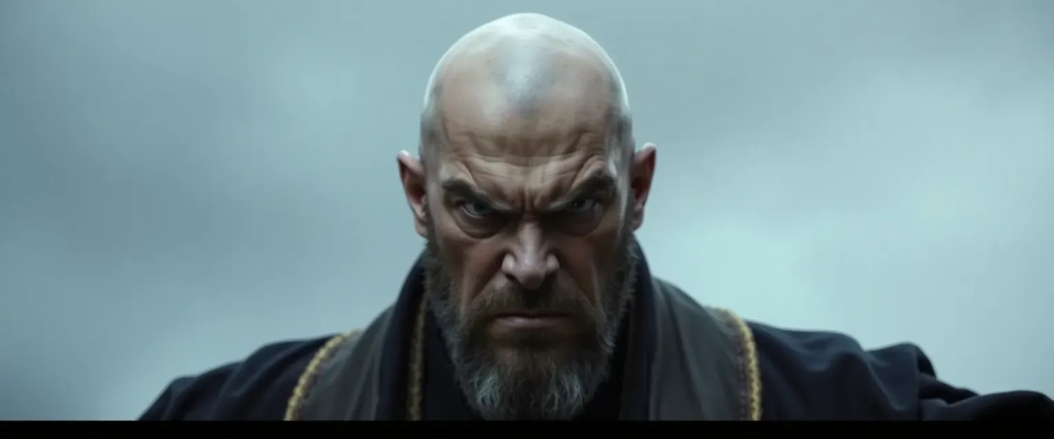 Bald, gray-skinned leader with an angry look, wearing a black robe with gold linings.