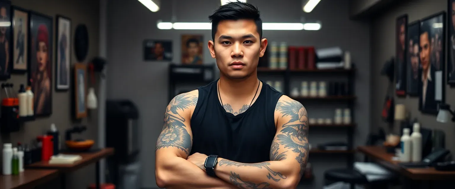 Young Asian-American tattoo artist, athletic build, short black hair, brooding expression, wearing dark streetwear, multiple visible tattoos, standing in a modern tattoo studio.