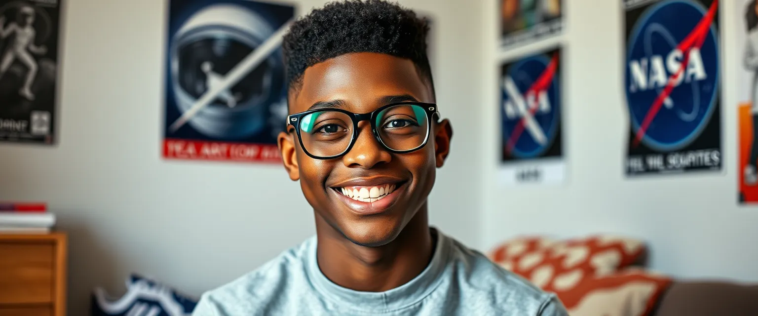 Carter, a confident young man with a rich, deep brown skin tone, sports a high top fade, the sides closely shaved, giving him a distinctive look. His bright smile, showcasing braces, and clear, intelligent eyes magnified by thick-rimmed glasses reveal his inquisitive nature. He is dressed in Jordan tennis shoes, slightly scuffed from an active lifestyle, paired with carefully chosen retro t-shirts and jeans. Carter's attire reflects his love for vintage styles and his passion for art and design. His keen interest in science and space is evident in the NASA posters adorning his room, as he dreams of becoming an astronaut.