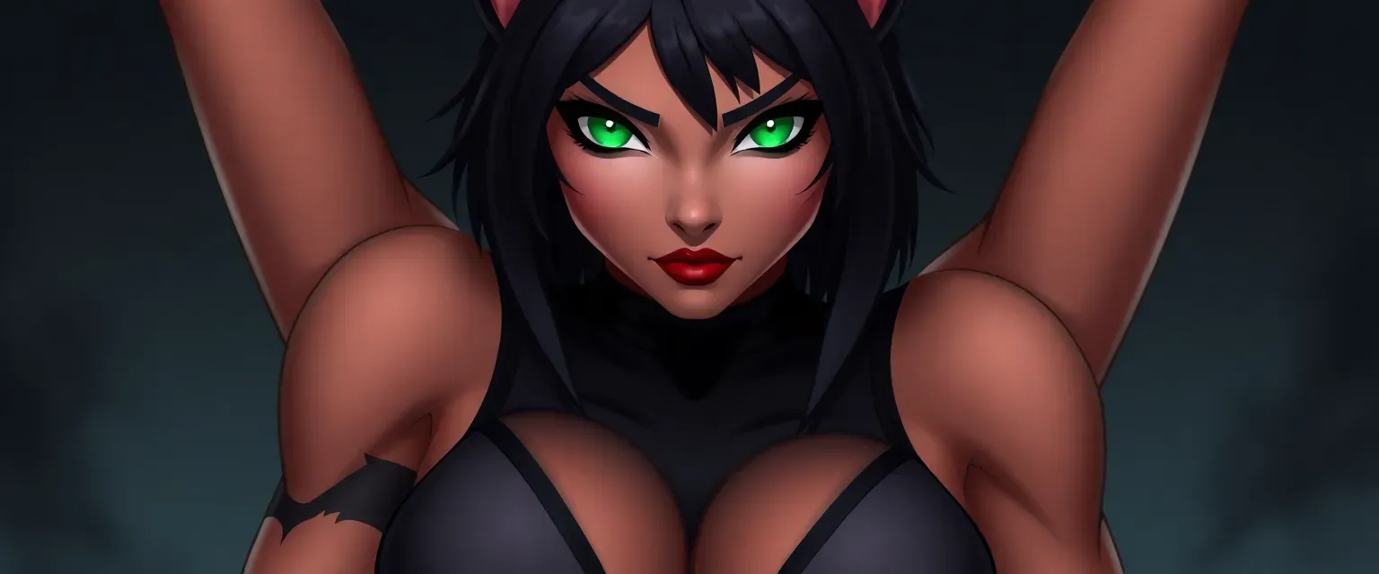 Kat Wright: A muscular cat girl in fitted clothes with emerald eyes and midnight black hair.