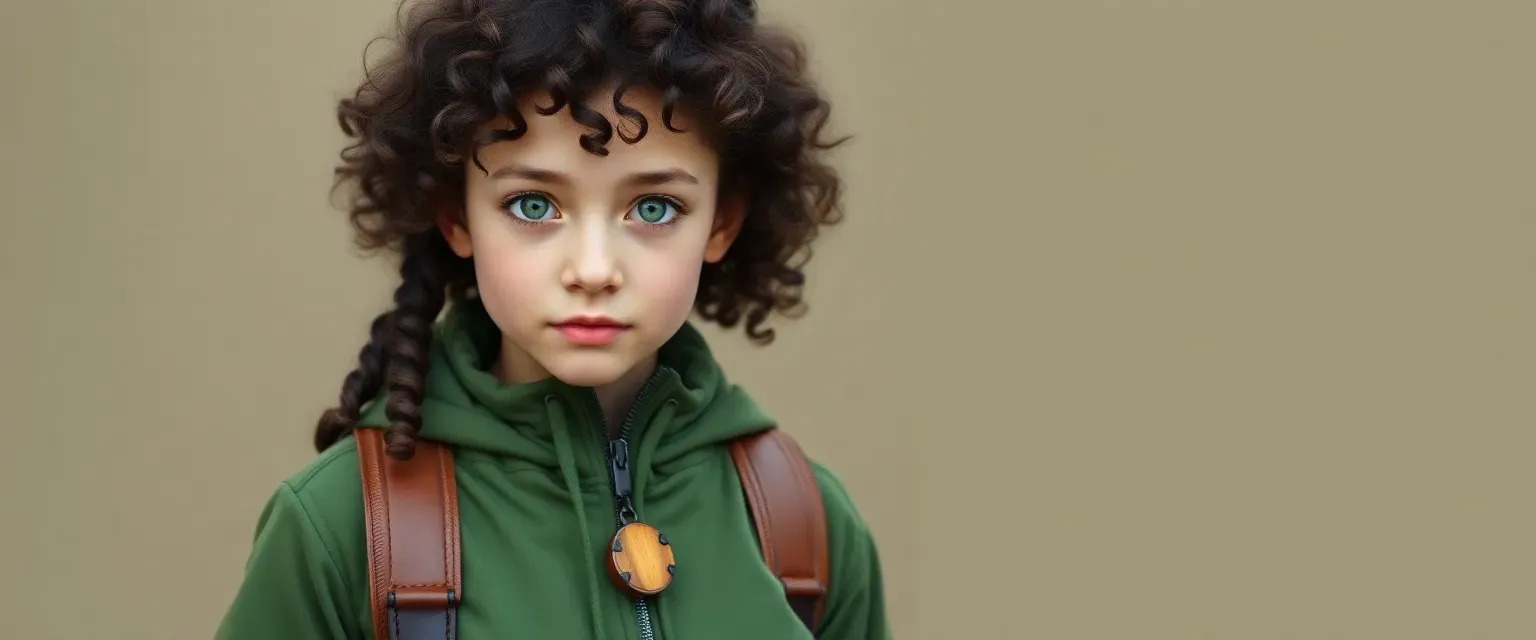 15-year-old Двиксиана with green eyes, dark curly hair, wearing a green jacket and sturdy boots, with a wooden pendant.