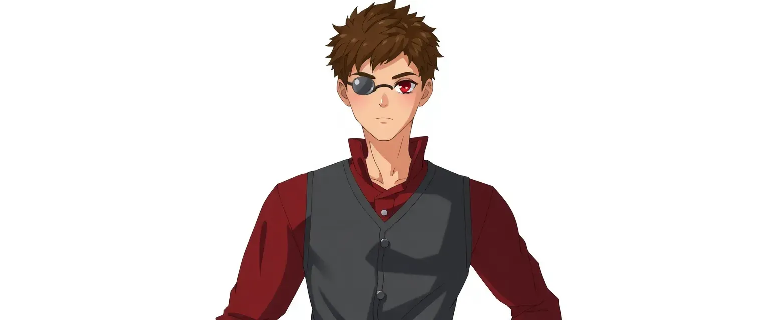 22-year-old man with red eyes, short brown hair, light tan skin, wearing a red shirt, grey vest, black jeans, and brown shoes. As Kuro Noeko, he wears a black nano-tech suit and eyemask.