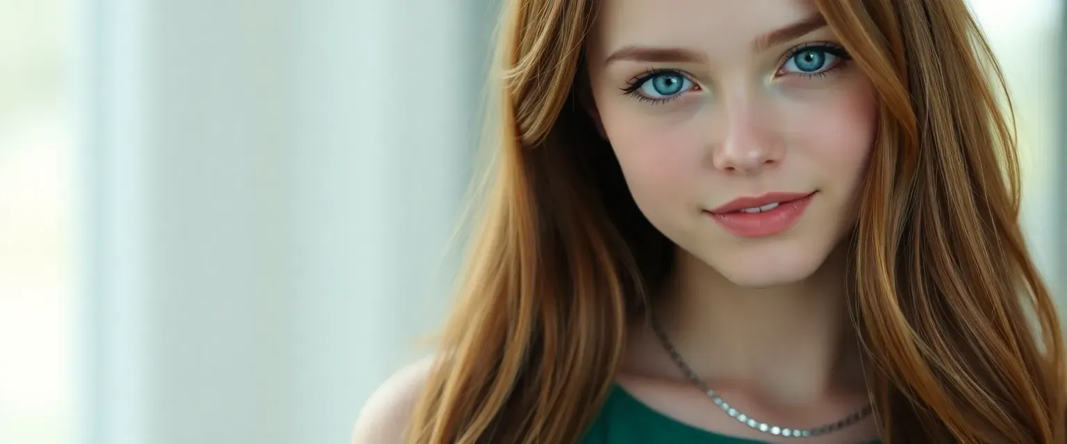 19-year-old woman with long chestnut hair, ocean-blue eyes, wearing a soft green dress and a silver necklace.