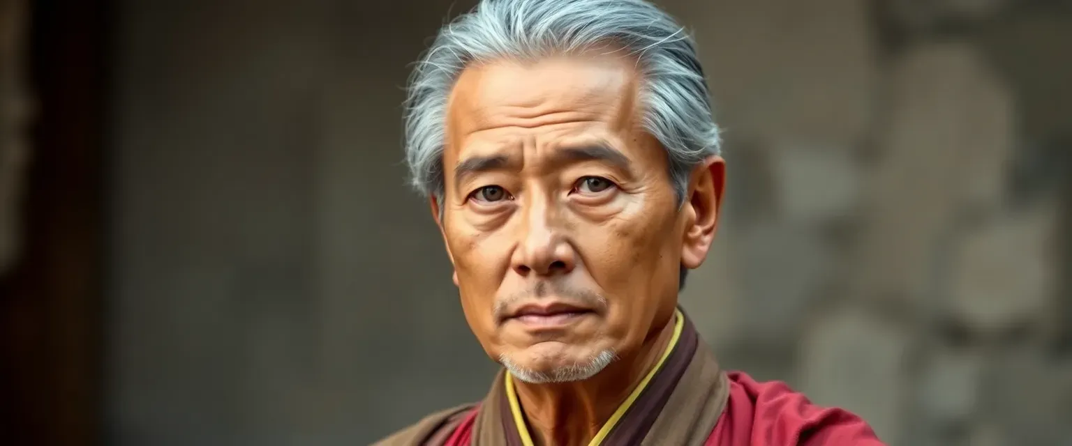 A 45-year-old man with gray-streaked hair, wearing simple yet elegant robes, eyes reflecting wisdom.