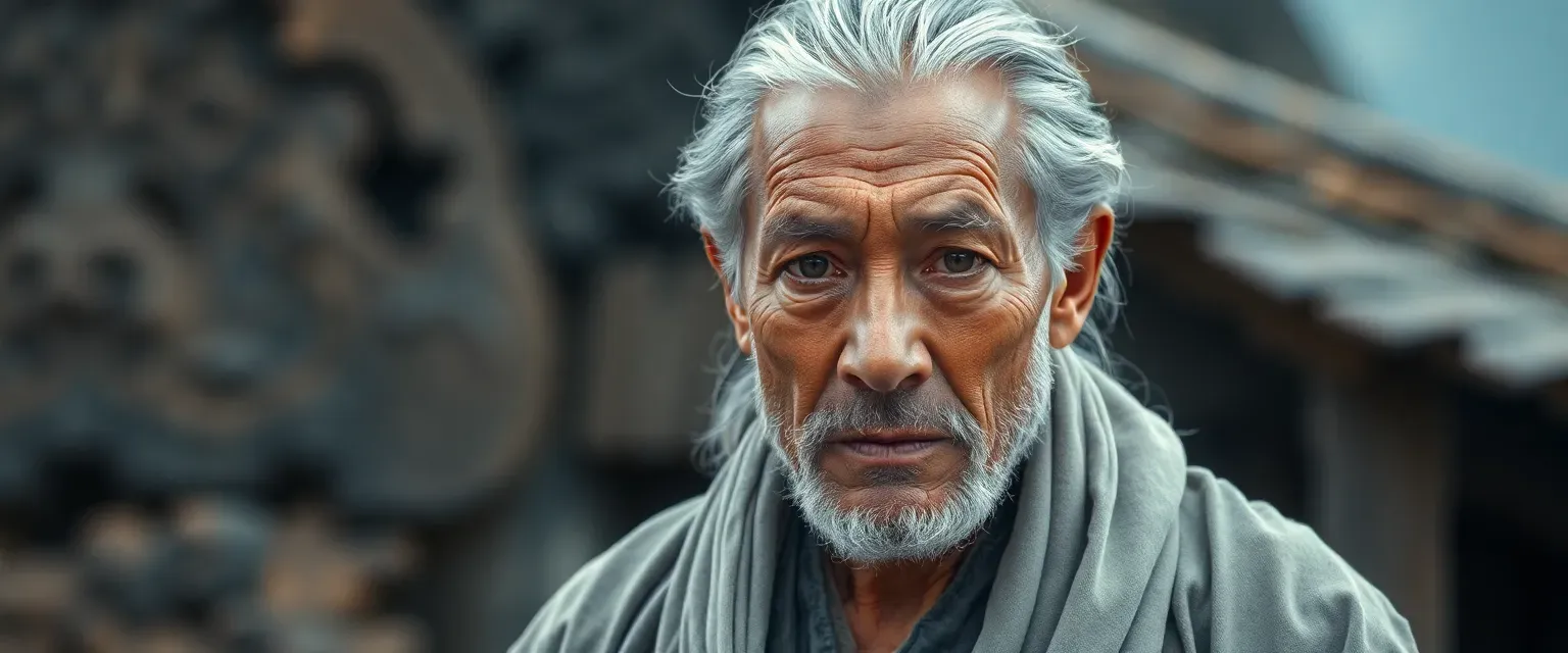 Middle-aged man with gray-streaked hair, wearing sage robes, with a weathered face and deep eyes.