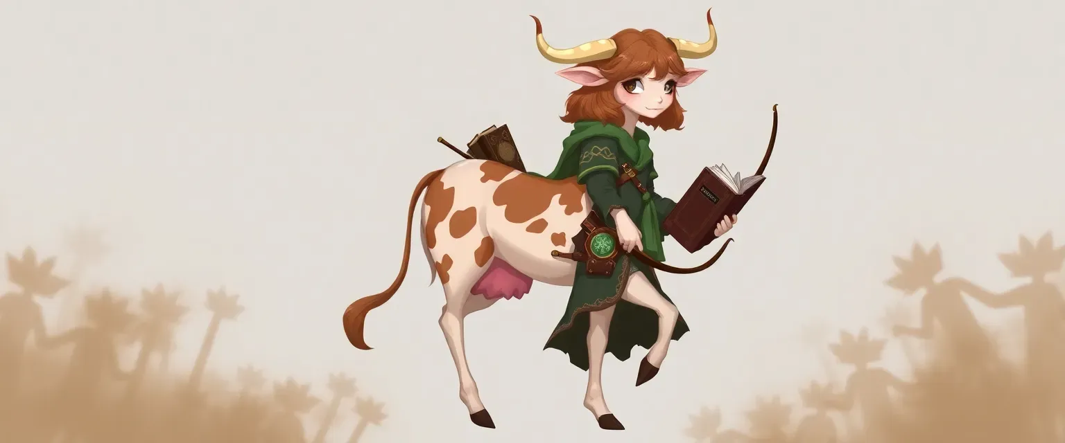 A graceful half-elf half-cow hybrid with elegant bovine legs, short wavy hair, small horns, and elf ears. Carries a bow, potions, dagger, and ancient book. Wears scholarly robes with nature-inspired patterns.