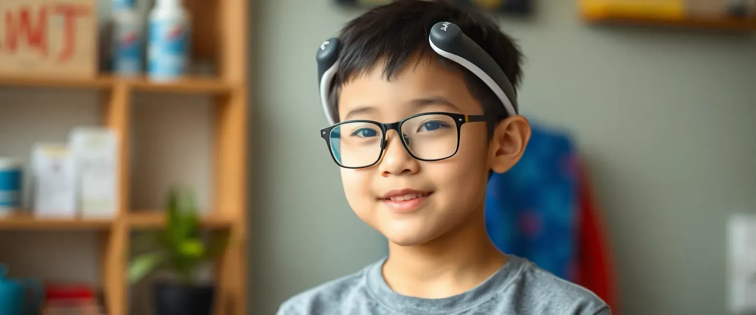 A 14-year-old Chinese-Sudanese boy named JingJing wears glasses and an Aquapets t-shirt. Mute since birth but communicates through sign language; now uses an Aquapets-branded talking headband with wiggling ears.