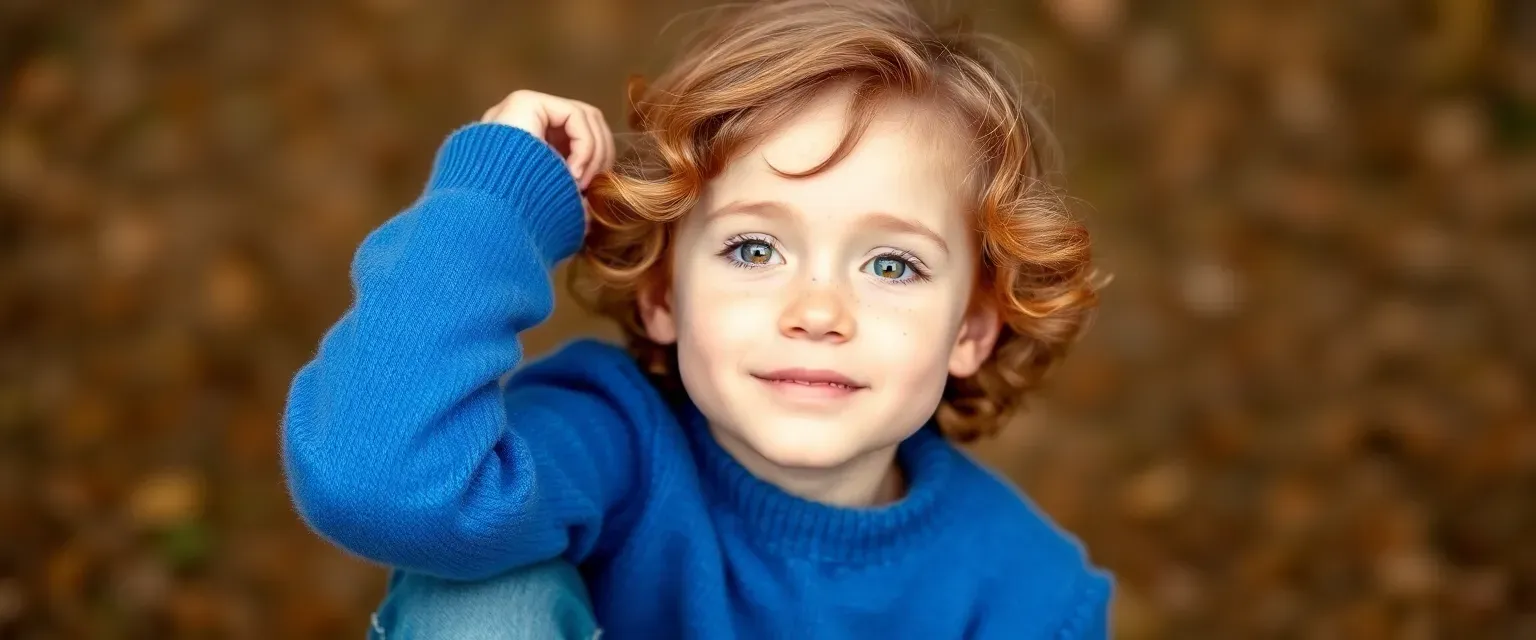 Six-year-old boy with chestnut curls and freckles, wearing a blue sweater and jeans, imaginative and adventurous.