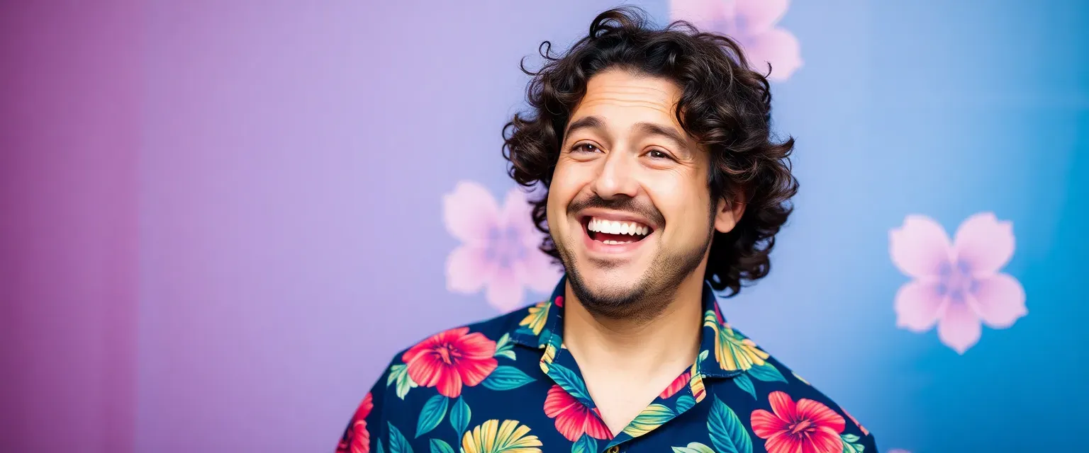 Markus Finn is a lively comedian in his mid-thirties with curly dark hair and vibrant Hawaiian shirts.