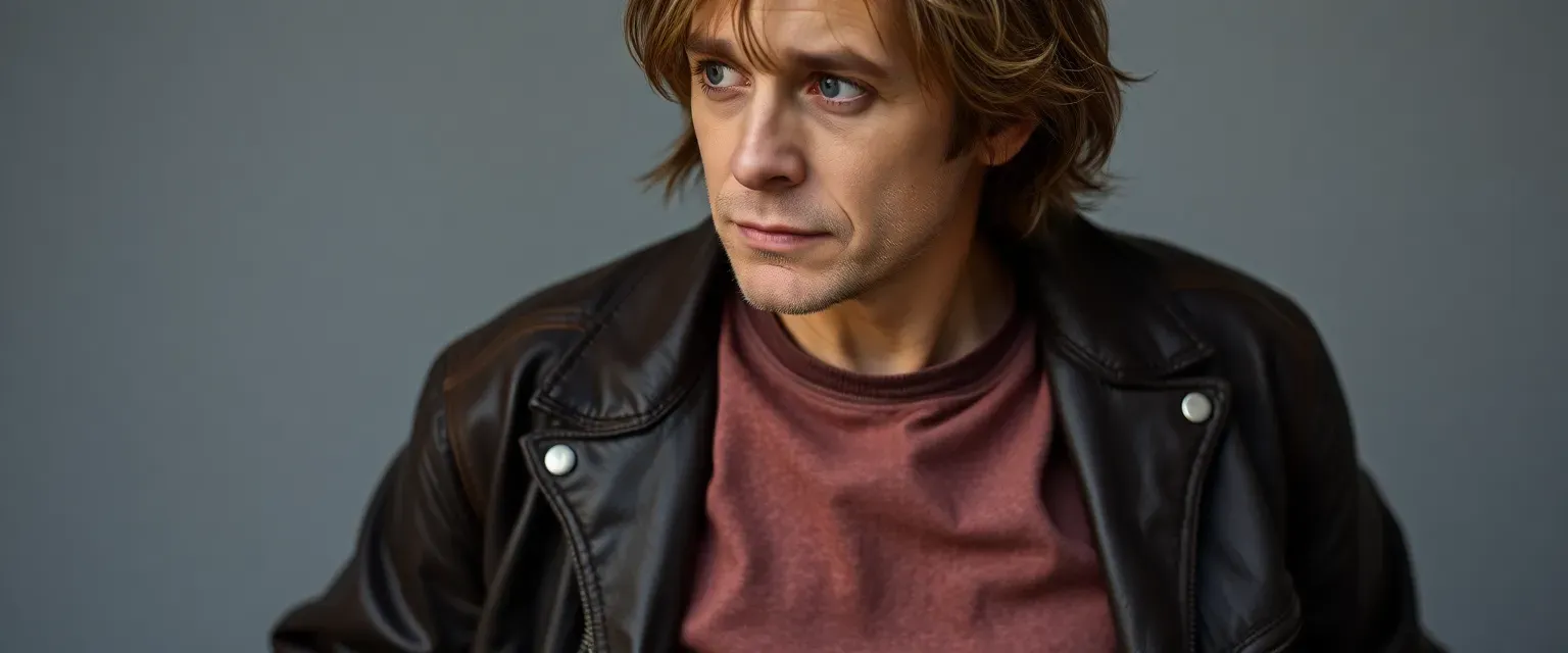 42-year-old man with disheveled hair, wearing a worn leather jacket, t-shirt, and jeans, with a thoughtful expression.