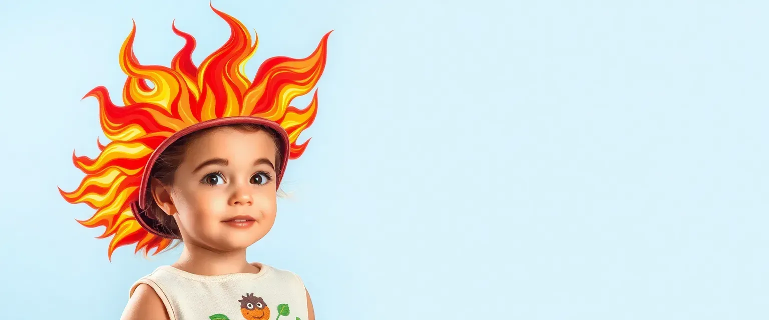 A spirited six-year-old girl with pyrocephalia; flame-topped head reflects emotions; tomboyish style; dislikes skirts due to sensory issues; wears helmet 'Helmy' for safety; sensitive yet adventurous.