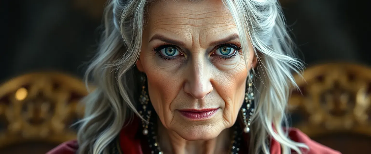 A 52-year-old empress with silver-streaked hair, wearing regal silk robes, her eyes reflecting a haunted sanity.