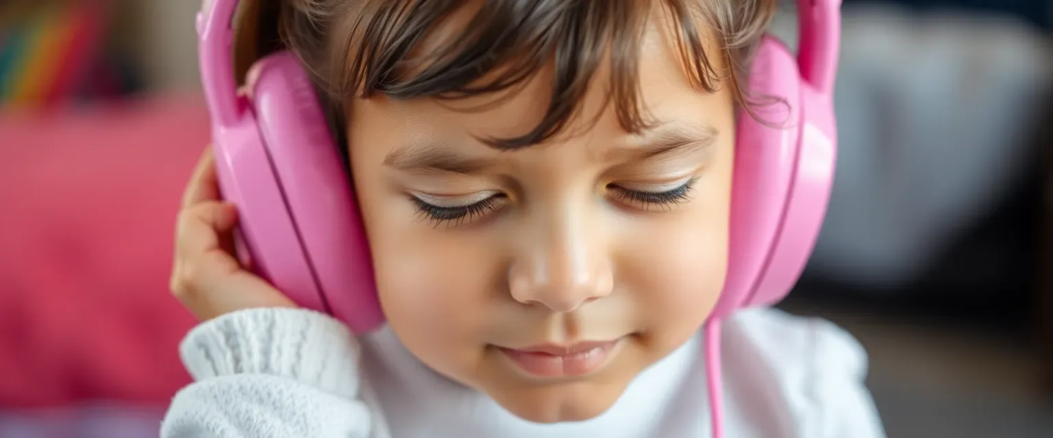 A six-year-old girl named Ninny with closed squinty eyes due to sensory issues wears pink earmuffs constantly for comfort. She speaks uniquely using 'nin' in sentences due to autism challenges while displaying hyper-empathy towards people & objects alike.