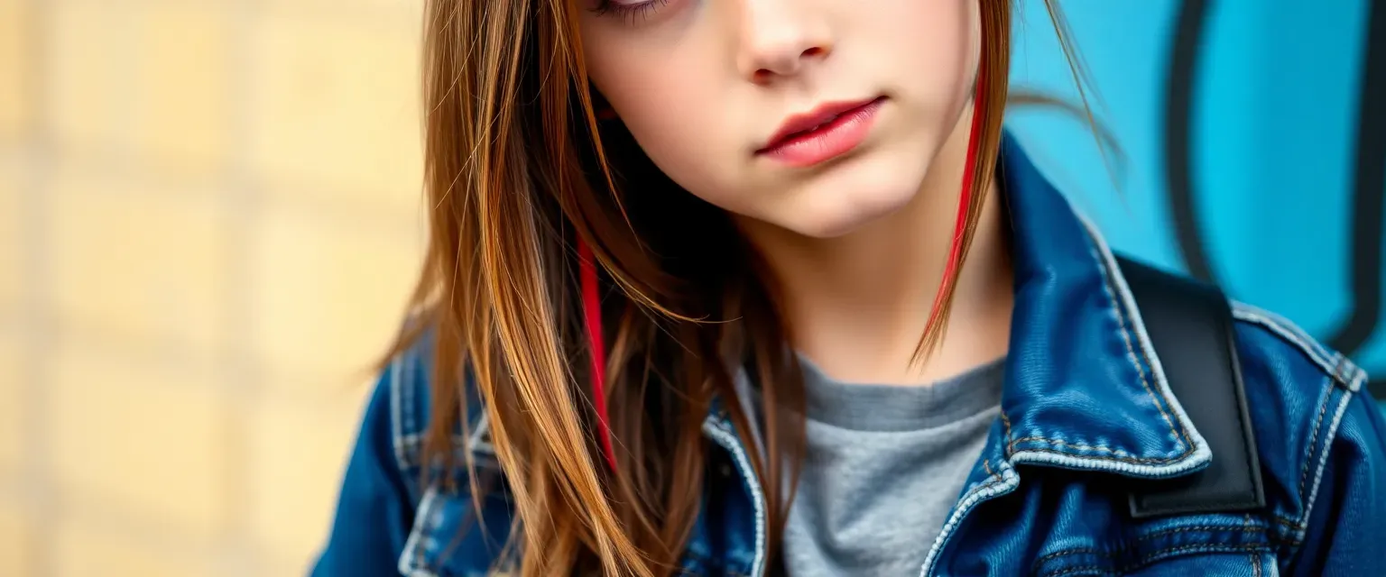 14-year-old girl with brown hair and a red stripe, wearing cool clothes and a denim jacket.