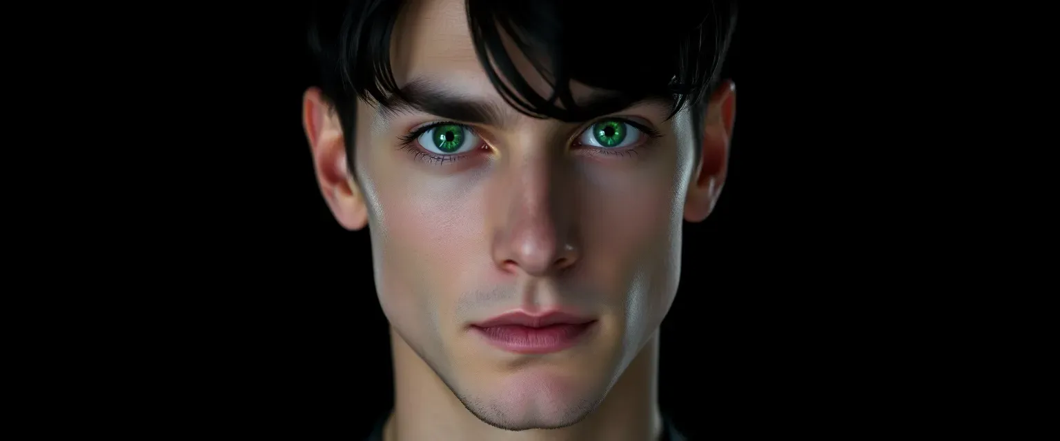 A tall, slender man in his late 20s with piercing green eyes and jet-black hair. Wears a mysterious pendant containing swirling green numbers against a dark background.