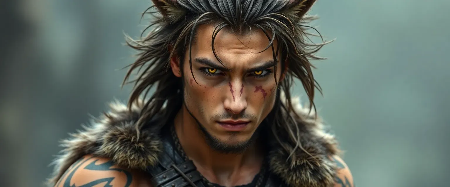 Young wolf warrior, 18-20 years old, muscular build, wild unkempt hair, tribal tattoos, wearing leather armor with wolf pelts, fierce yellow eyes, battle scars across face.