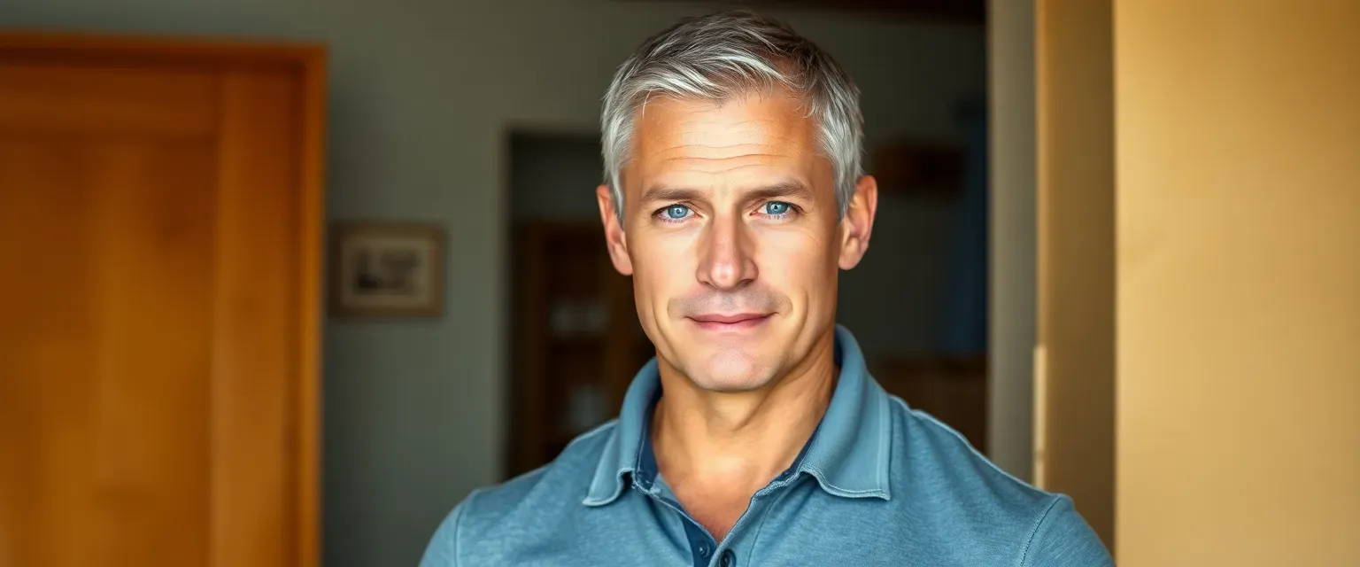 A lean, muscular man in his 50s with short salt-and-pepper hair and piercing blue eyes, wearing a polo shirt and jeans.