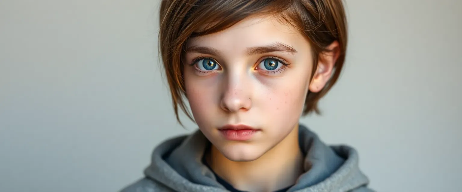 13-year-old girl with short dyed brown hair, brown contacts, oversized clothes, unique birthmark and freckles.