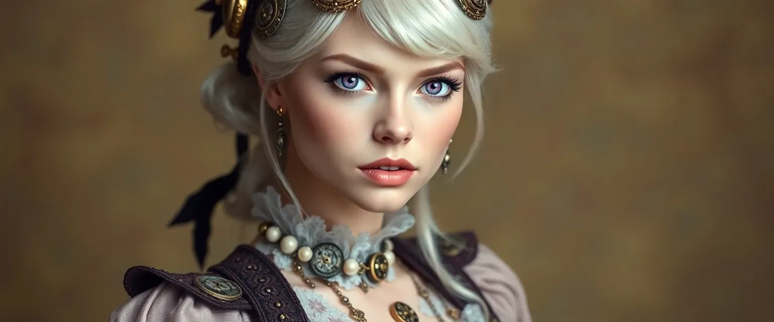 A tall, slender woman in her early 30s with striking platinum blonde hair and piercing violet eyes, wearing elegant Victorian-era clothing with distinctive clockwork accessories.