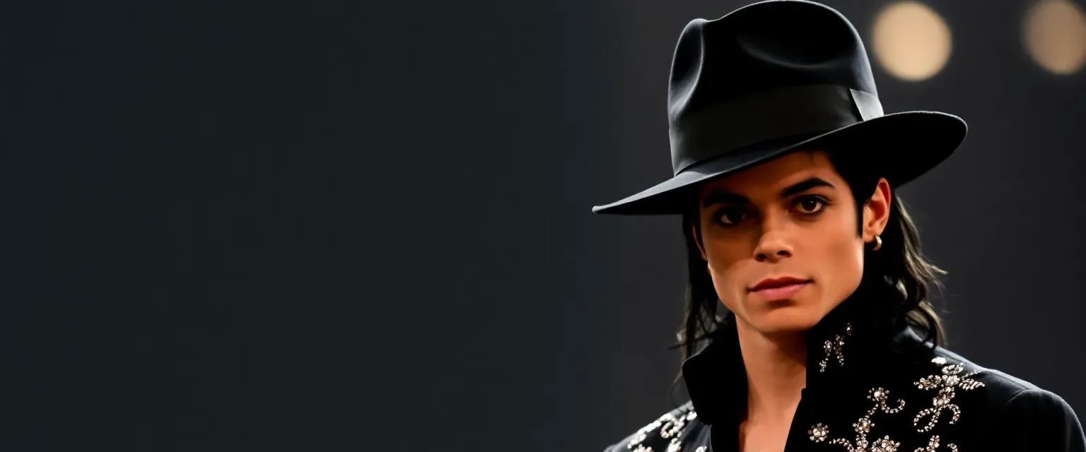 Michael Jackson, lean, 5'9", iconic stage outfits, black fedora, expressive eyes, lighter skin due to vitiligo.