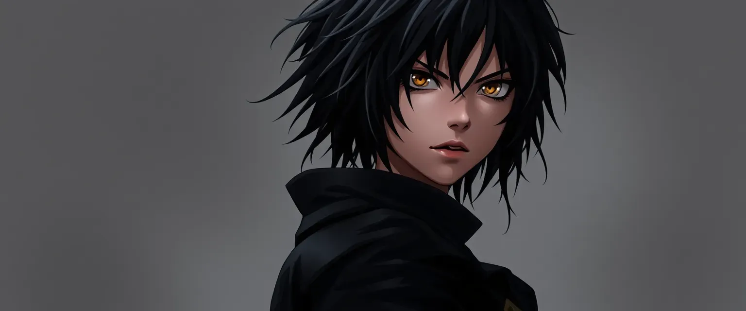 15-year-old tall assassin with black messy hair and golden eyes, wearing dark, form-fitting clothes.