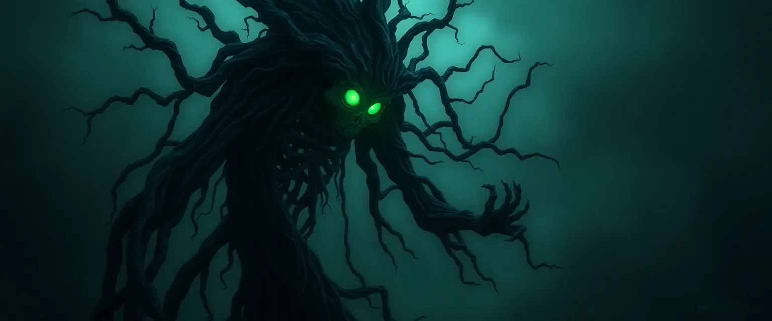 Tall, shadowy figure made of gnarled wood and vines, with glowing green eyes and skeletal features.