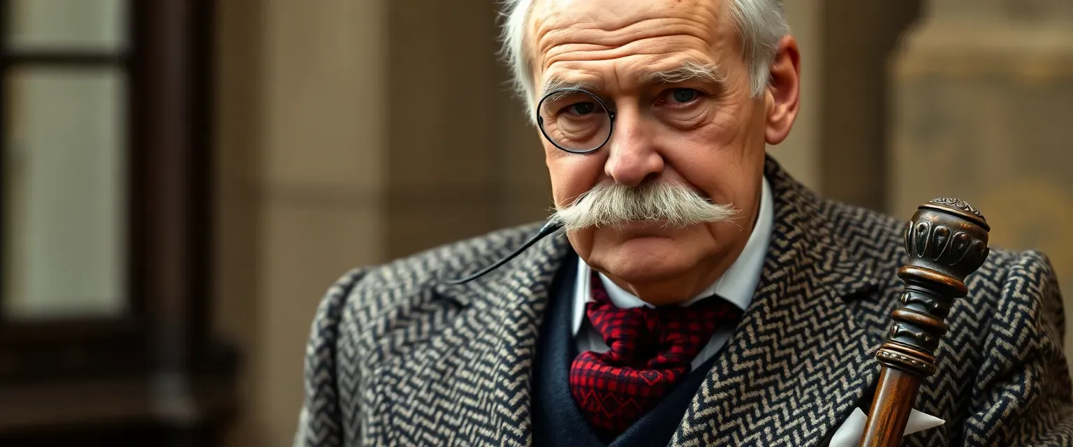 Elderly aristocratic military officer, tall and lean with silver hair, handlebar mustache, wearing a perfectly tailored tweed suit, monocle, and carrying an antique walking stick.