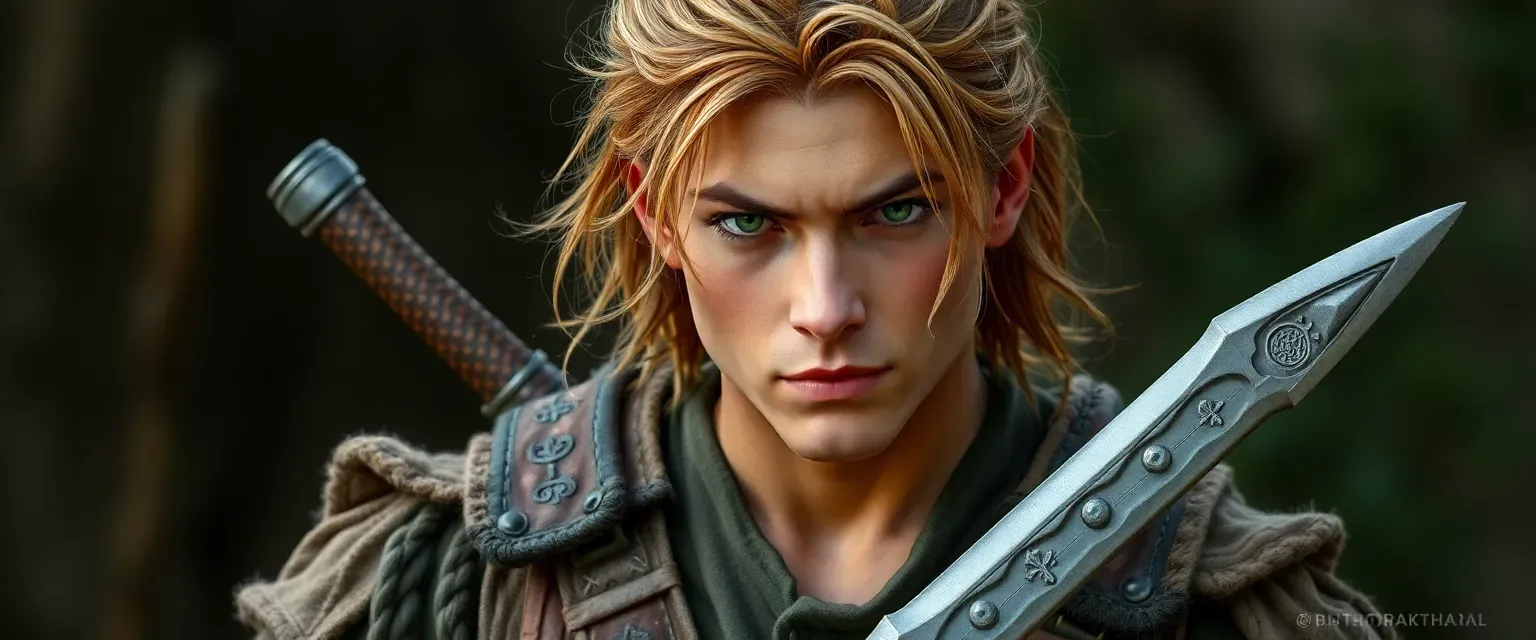 Bryn Bacyyharahs: Athletic build, weathered skin, auburn-silver hair, intense green eyes; wears practical earth-tones attire; carries intricately carved sword.