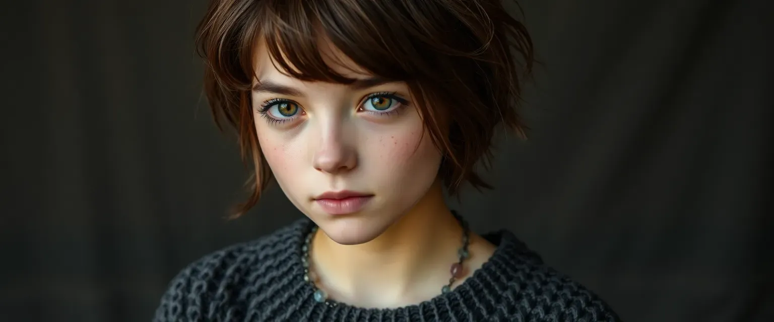 A petite 16-year-old witch with short messy brown hair, freckled face, and moles. Wears oversized vintage sweaters, crystal necklaces, and has warm brown eyes that sparkle with curiosity.