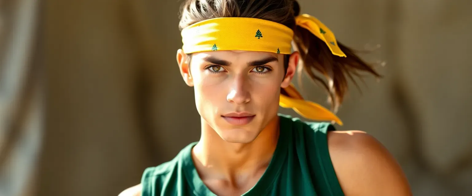 Tall, muscular young man with tan skin, brown eyes, and hair in a ponytail, wearing a green vest and yellow bandana.