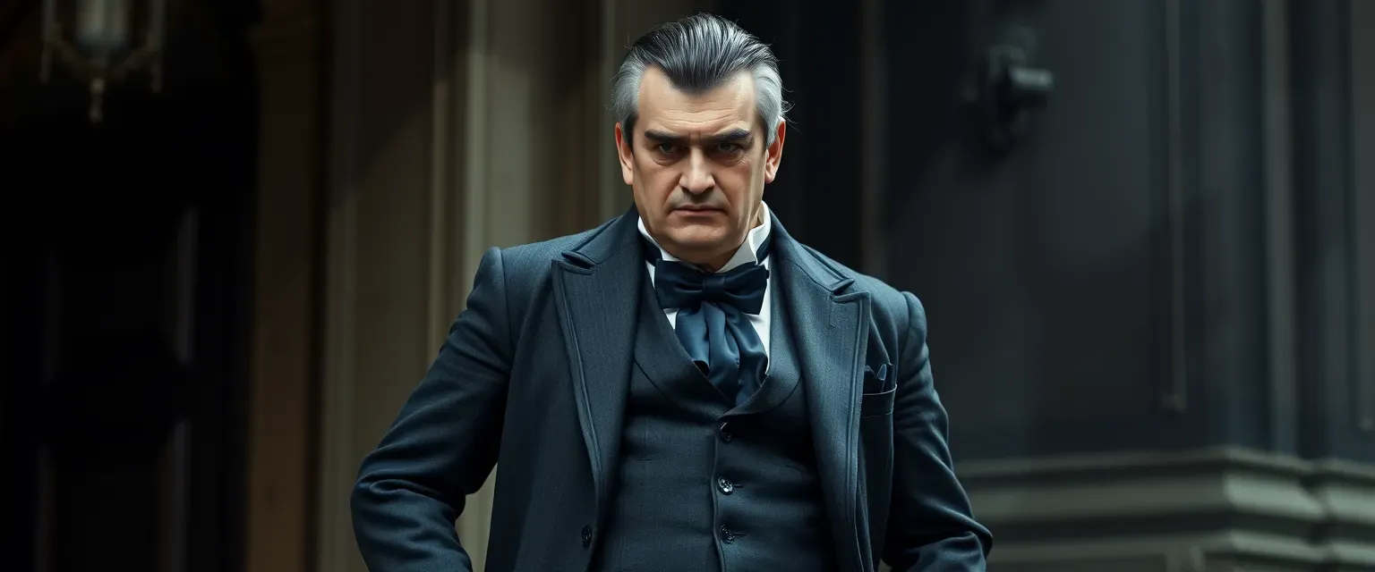 A man with a limp in his right foot, dressed in a dark grey tailcoat and vest with a dark blue cravat. His hair is styled to look like the top of a penguin's head, and he has a hook-shaped nose. His expression is ruthless.