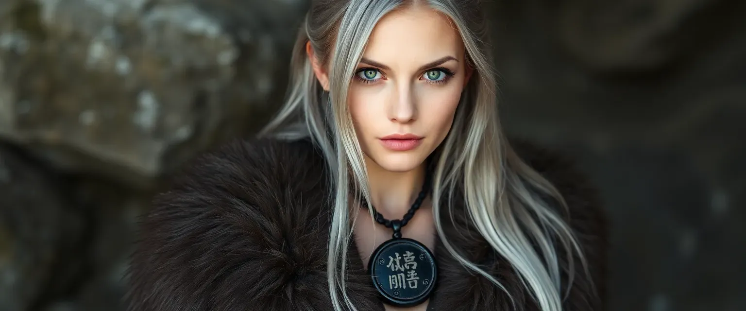 32-year-old woman with silver hair to waist, green eyes, wearing fur robe, obsidian pendant with ancient script.