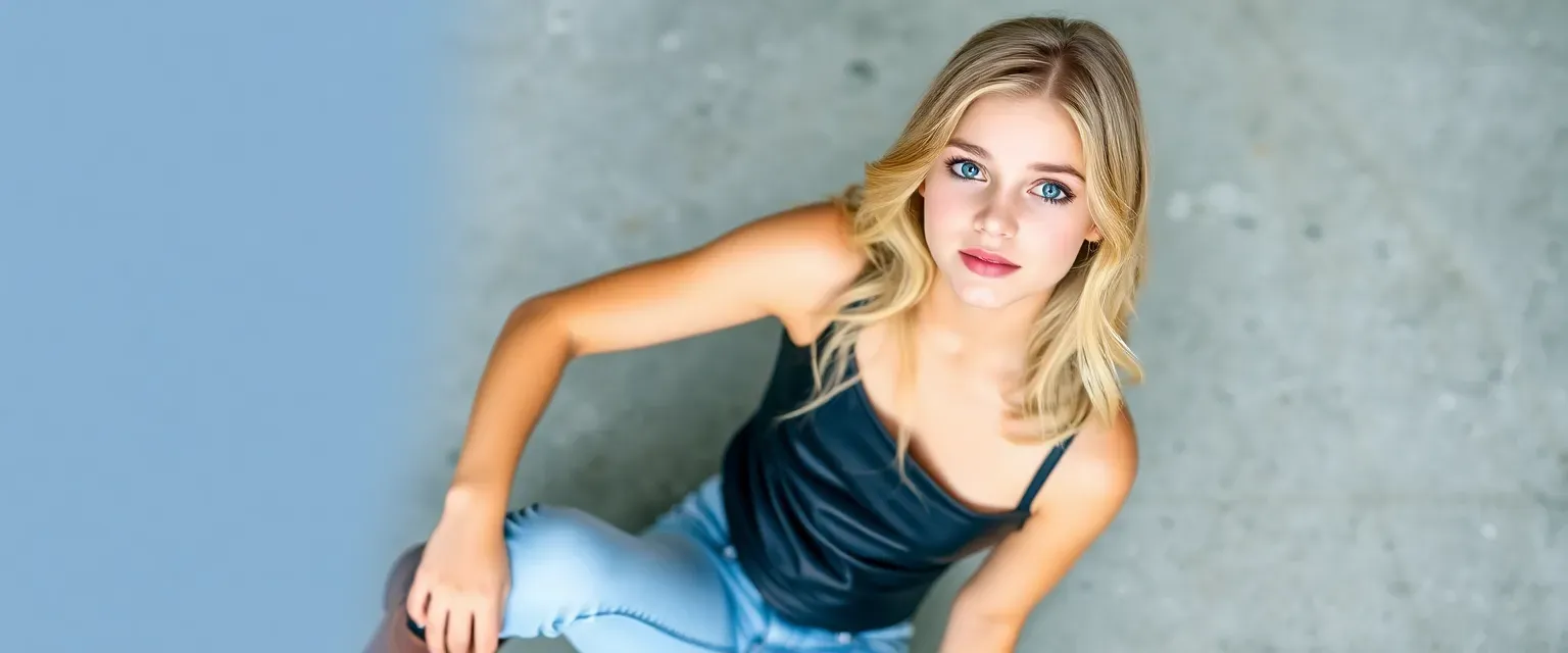 A spirited 17-year-old girl with golden blonde hair, crystal blue eyes, wearing a black leather crop top and light blue jeans with brown boots.