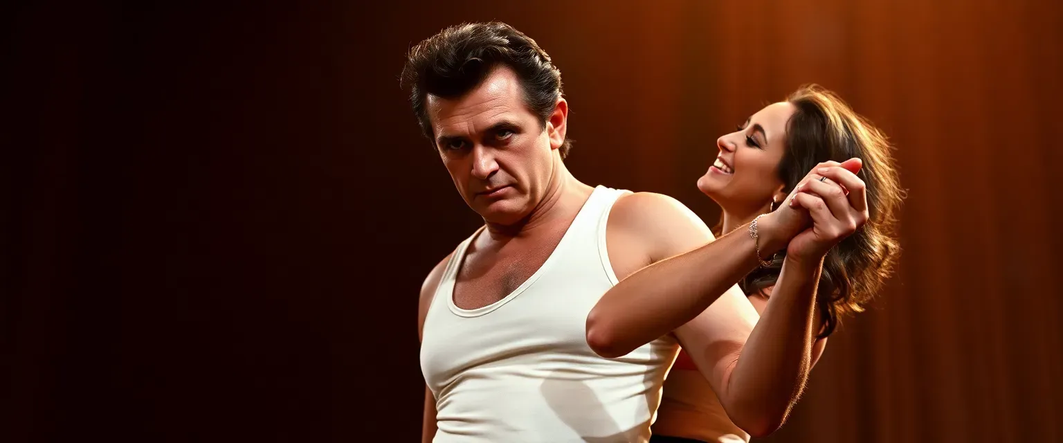 Johnny Cash, a country legend, with a deep voice, rugged physique, and intense blue eyes, dances with passion and fire, wearing a white tank top, embracing his love, Vivian, with raw desire.