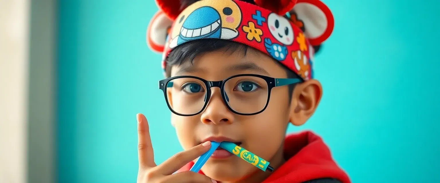 An 11-year-old Chinese-Sudanese boy wearing glasses and an Aquapets-themed headband with wiggle ears; uses sign language and carries a 'coughing straw' adorned with character decals.