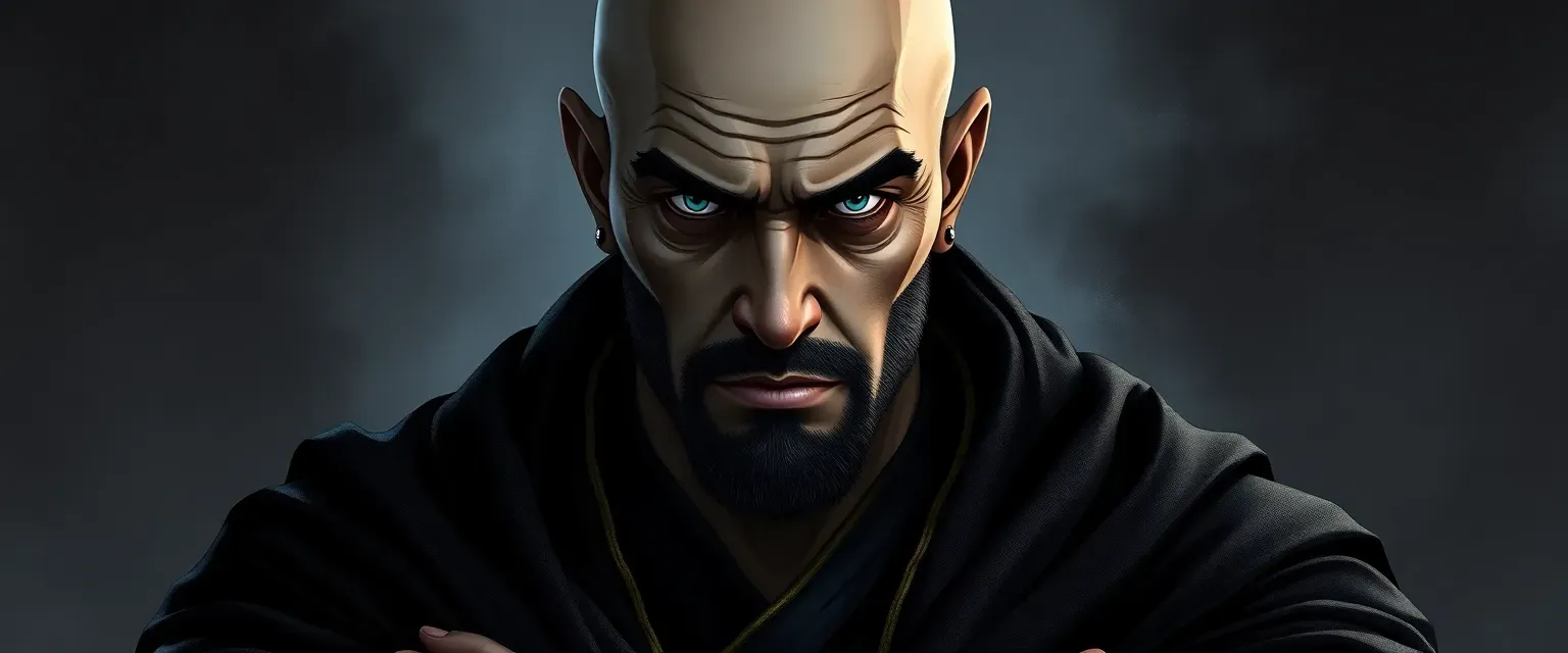 A bald leader of a tribe with light-darkish gray skin, a dark black nose, and darkish-light blue eyes. He wears a black robe with gold linings and usually keeps his arms crossed inside his robe, only revealing them when casting spells or performing magic.