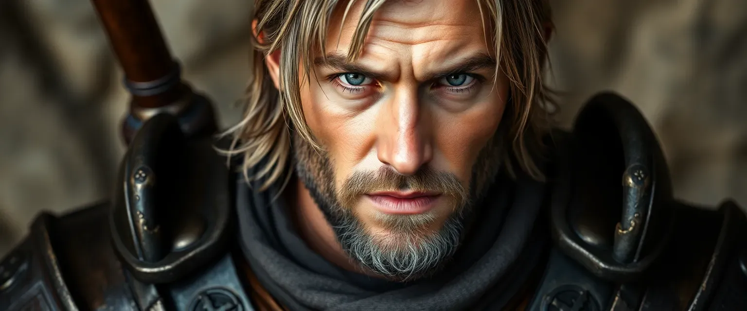 35-year-old Christian soldier, muscular, gray-streaked brown hair, piercing blue eyes, wearing faith-symbol armor.