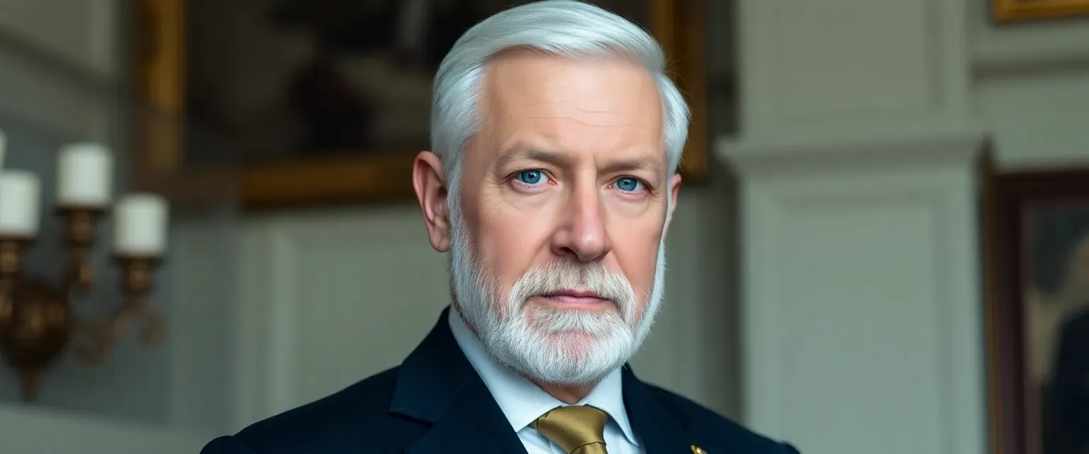 Chancellor Leopold Harstein is in his late 50s with neatly combed white hair and a short beard. His pale blue eyes are sharp and observant. He wears conservative dark suits with luxurious touches like silk ties and gold cufflinks.