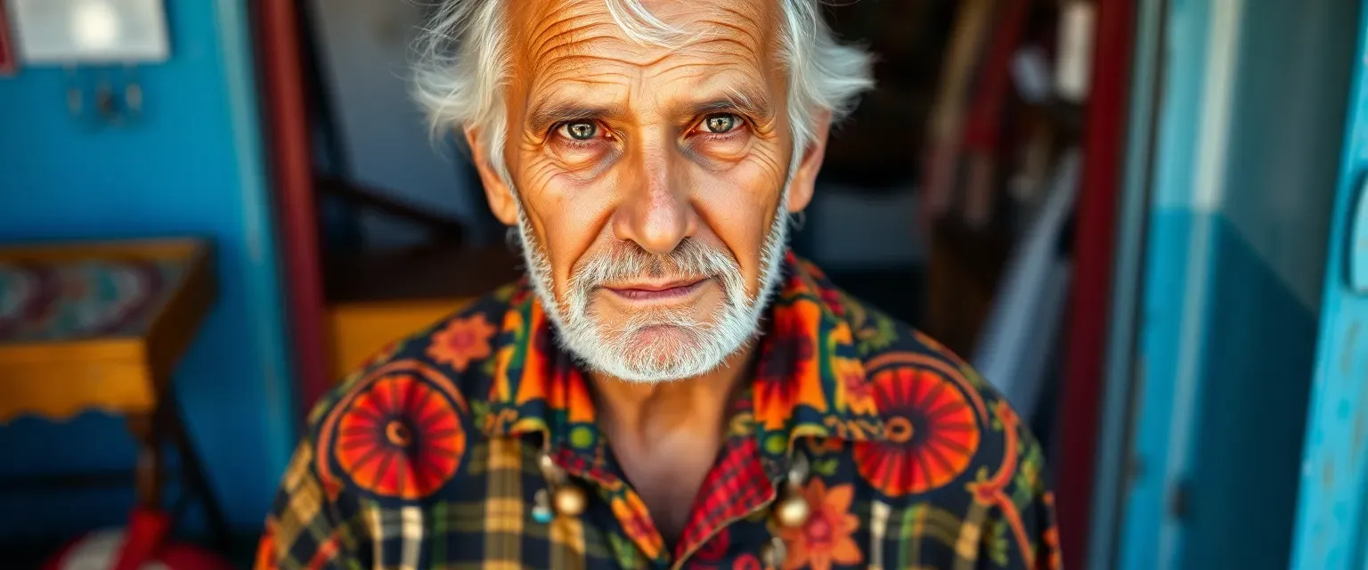 A middle-aged man with bronzed skin and silver-streaked hair wearing brightly patterned shirts and plaid trousers adorned with trinkets.