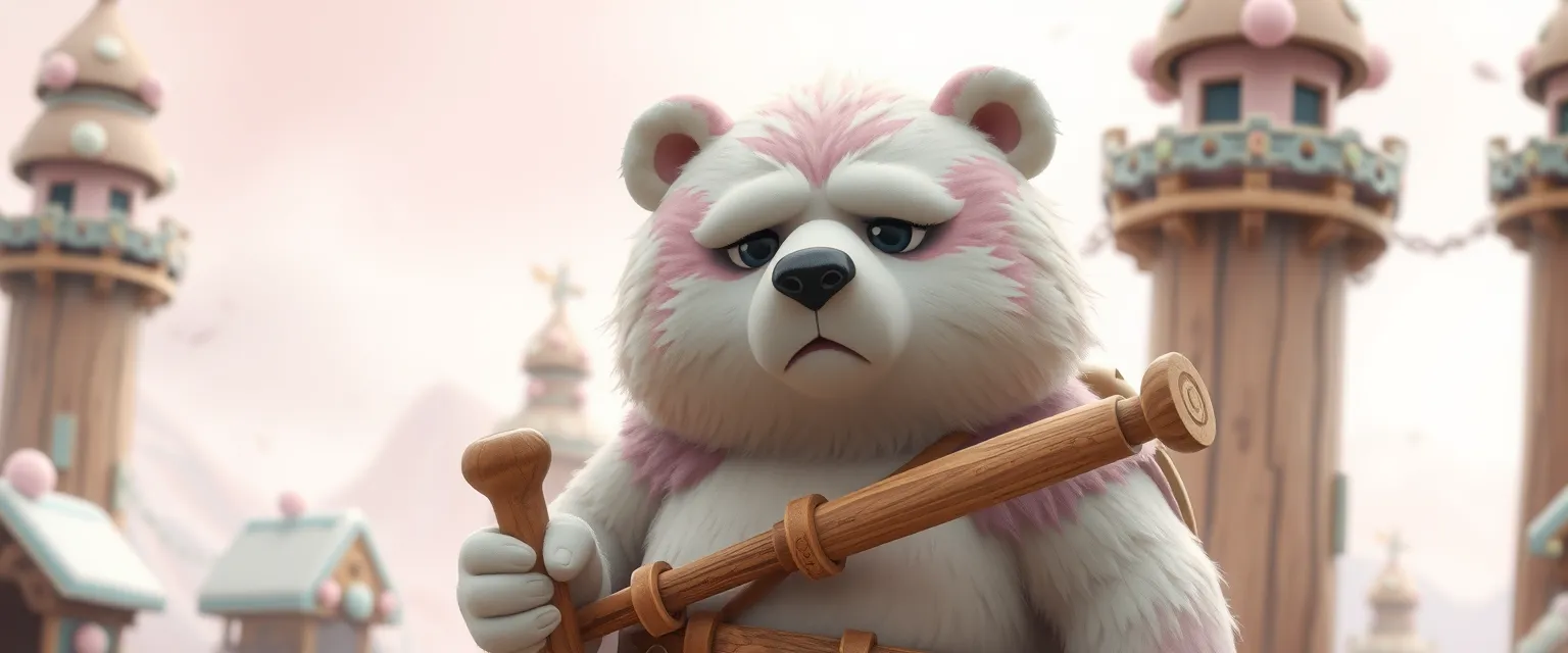 "A pastel-colored bear, Sherbet, stands guard in a candy-coated world, his piercing gaze scanning the horizon. He wears a wooden chisel on his belt, and wields it as a weapon. His fur is a swirl of pastel hues, and he has a wise, yet somewhat sad expression. He is surrounded by wooden towers, evidence of his woodworking skills, and the landscape smells of freshly cut wood and sweet treats."