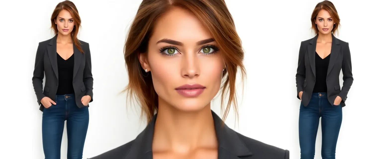 28-year-old woman, athletic, sharp jawline, green eyes, chestnut hair, wearing a blazer and jeans.