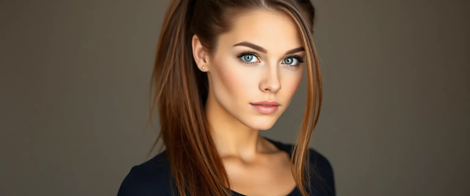 27-year-old woman with long brown ponytail, piercing blue eyes, fit physique, wearing practical black clothes.